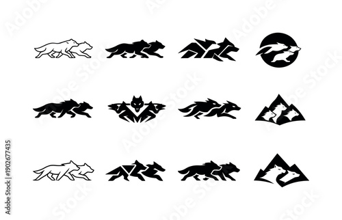 Hunting in packs. Icon set. Set Logo of hunting in packs: wolf pack silhouettes. harmonious logo variations of the same emblematic concept,