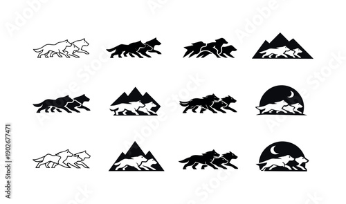 Hunting in packs. Icon set. Set Logo of hunting in packs: wolf pack silhouettes. harmonious logo variations of the same emblematic concept,