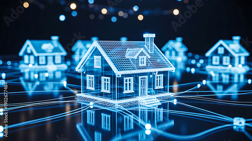 Digital illustration of interconnected smart homes with glowing network lines and nodes symbolizing IoT technology, automation, and connectivity
