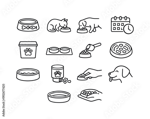 Pet Feeding Time. Line icon set of Pet Feeding Time: pet bowl, cat eating, dog eating, feeding schedule, food storage bin, feeding mat,