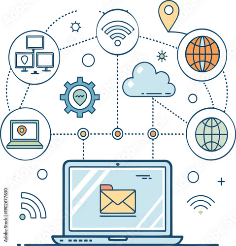 Flat vector illustration of cloud network and online communication concept. Laptop with email, cloud computing, wireless connection, global network, data transfer and internet technology icons. Suitab