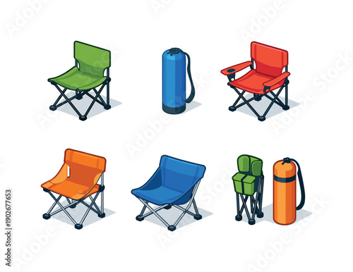 Foldable camping chair. Isometric flat vector icons set of foldable camping chair: folding camping chair, compact packed chair, camping chair