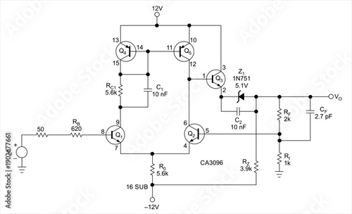 Technical schematic diagram of analog electronic device. Vector drawing electrical circuit with 
transistor, capacitor, resistor, diode, constant voltage source,  other components.