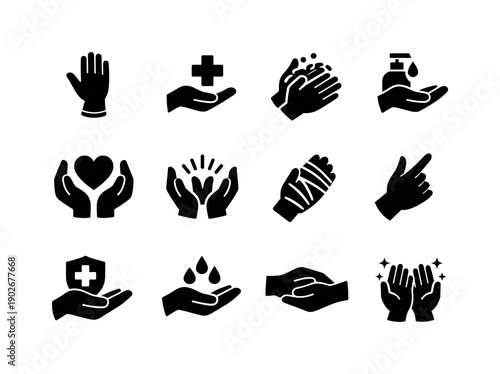 Medical Hands. Solid icon set of Medical Hands: gloved hand, hand cross, washing hands, sanitizer hand, care hands, healing hands, hand