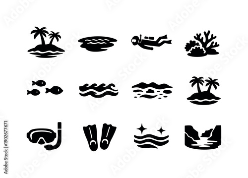 Island lagoon. Solid icon set of island lagoon: tropical island shore, shallow lagoon, snorkeler above reef, coral formations, small reef