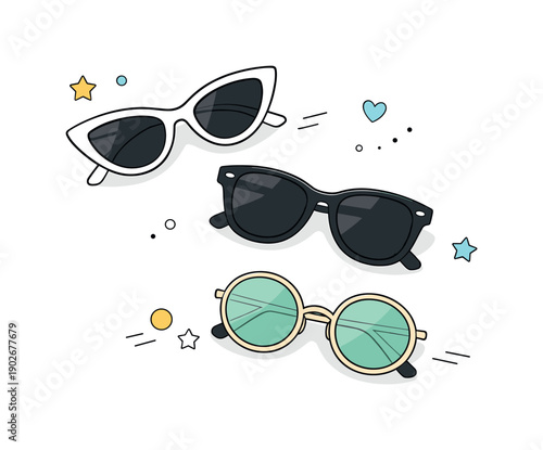 Fashion eyewear flat lay. Modern sunglasses placed diagonally for dynamic balance. Editorial fashion feel, stylish and calm presentation.