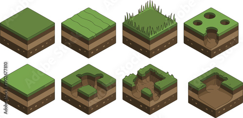 Isometric soil and grass terrain block illustration featuring wavy ground, excavated sections, holes, concave depressions, and layered textures for game design, education, and digital art