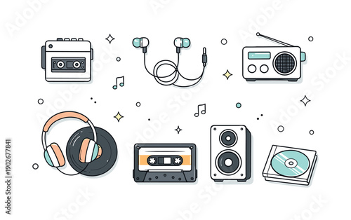 Vintage Audio Layout. Vintage audio flat lay. Top view of retro sound objects like cassette tapes, earbuds, and speakers spaced evenly with plenty of white