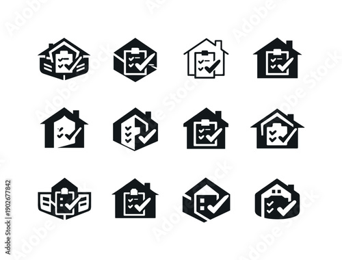 Energy efficiency consulting for homes. Icon set. Set Logo of Energy efficiency consulting for homes: energy audit checklist with house.