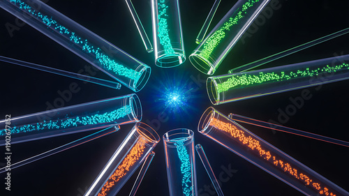 Radial arrangement of glowing test tubes with colorful effervescent liquids in blue, green, orange, and cyan around bright central light