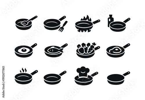 Frying Pan. Solid icon set of Frying Pan: frying pan and spatula, frying pan and fork, frying pan and flame, frying pan and oil bottle,