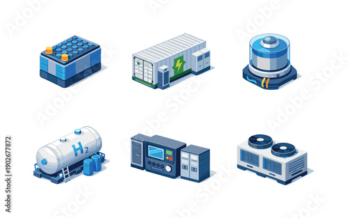 Energy storage solutions. Isometric flat vector icons set of energy storage solutions: lithium battery module, grid-scale battery container,