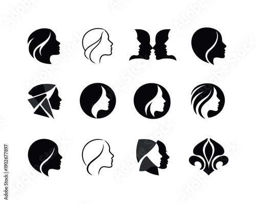 Modeling campaign. Icon set. Set Logo of Modeling campaign: close-up face silhouette. harmonious logo variations of the same emblematic