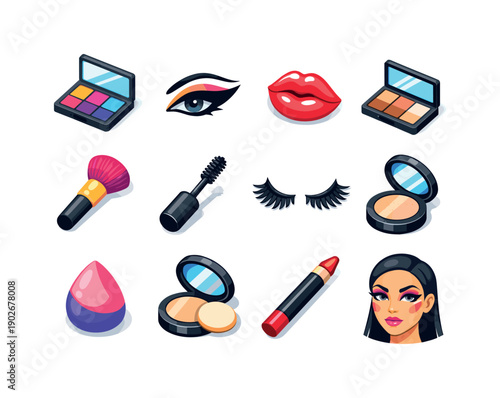 Runway makeup. Colorful isometric vector icons set of runway makeup: bold eyeshadow, graphic eyeliner, glossy lips, contour palette, blush