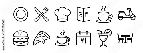 Gastronomy & Restaurant Line Icons Set – Plate, Cutlery, Chef Hat, Menu, Pizza, Coffee, Cocktail, Delivery