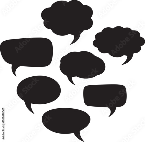 Collection of seven black speech bubble shapes of various sizes and styles Keywords: speech
