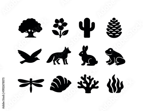 Wildlife and Plants. Solid icon set of Wildlife and Plants: oak tree, blooming flower, cactus, pine cone, flying bird, wild fox, rabbit,