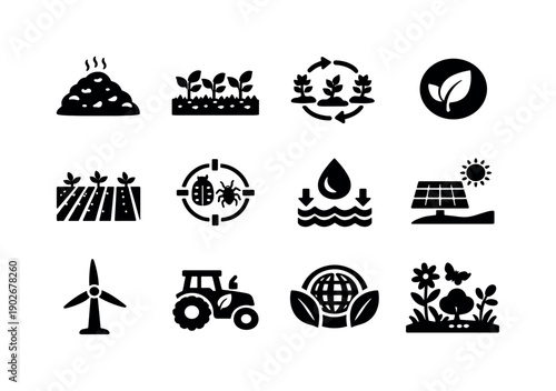 Next-gen farming techniques. Solid icon set of sustainable farming: compost pile, cover crop, crop rotation, organic label, low-till field,