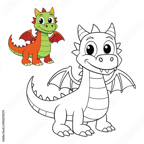 Cartoon Dragon Coloring Page – Cute Red Fantasy Creature with Green Belly, Yellow Horns, Smiling Face in Outline and Colored Version