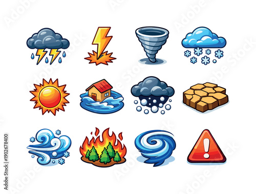 Extreme weather. Colorful isometric vector icons set of Extreme weather: thunderstorm cloud, lightning strike, tornado funnel,