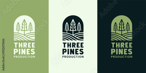 Silhouette of three pines tree similar to evergreen Forest Landscape classic vintage logo design