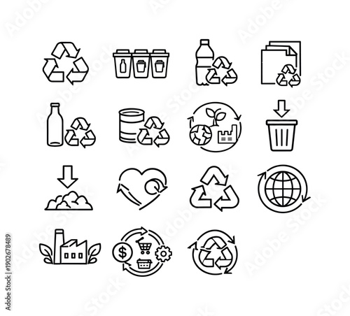 Recycling Initiatives. Line icon set of Recycling Initiatives: recycling symbol arrows, sorting waste bins, plastic recycling,