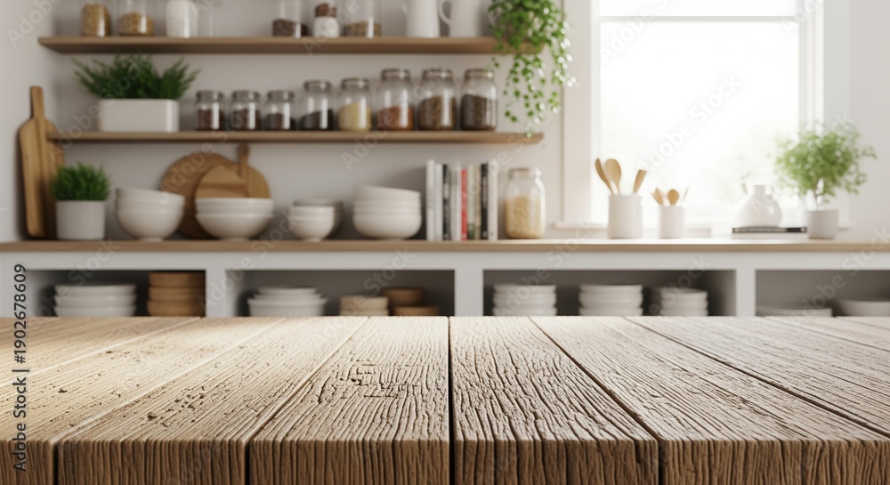 Fototapeta premium Wooden kitchen countertop with shelving units displaying dishes, bowls, glasses, and plants. Bright natural light streams through window, illuminating organized storage and decor.