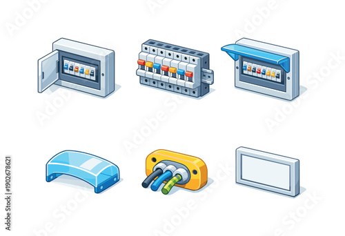 Electrical fuse box. Isometric flat vector icons set of electrical fuse box: wall-mounted fuse box, modular fuse panel, distribution board,