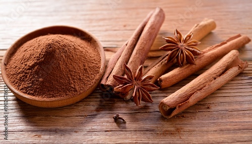 Hot Chocolate Ingredients Cinnamon And Star Anise On Wood