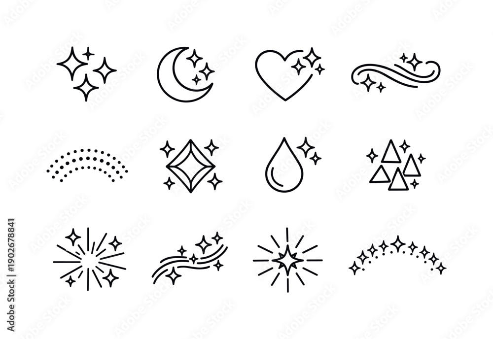 Obraz premium Glitter Patterns and Accents. Line icon set of Glitter Patterns and Accents: star glitter shape, moon and glitter design, heart sparkle,