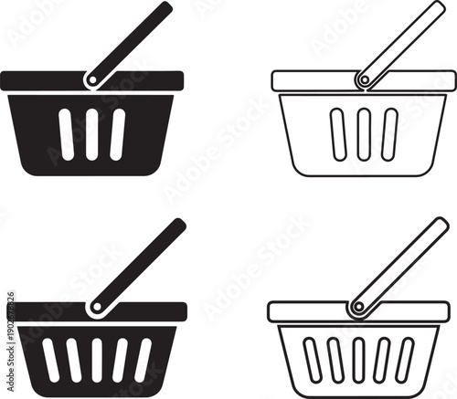 Four black and white shopping basket with different styles and fill patterns Keywords: shopping