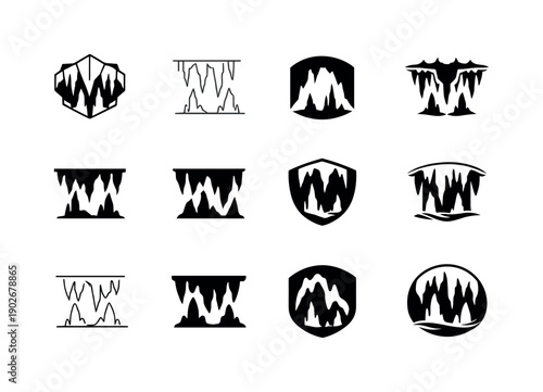 Caving Logo Variations. Caving and spelunking trips. Icon set. Set Logo of caving and spelunking trips: stalactite and stalagmite forms. harmonious logo
