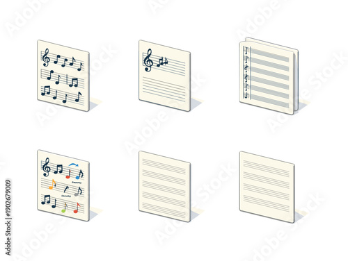 Colorful Music Sheets. Composition Paper. Isometric flat vector icons set of Composition Paper: music notation page, sheet with clef and key signature,
