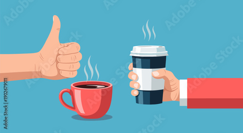 Vector illustration of a thumbs up sign next to a hot cup of coffee and a take away coffee cup with steam