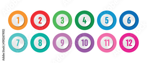 Numbers 1-12 for business and education on a white background. Concept of numbers 1-12 inside colored circles