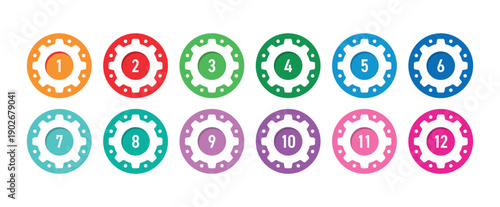 Numbers 1-12 for business, technology, and education on a white background. Concept of numbers 1-12 within gears