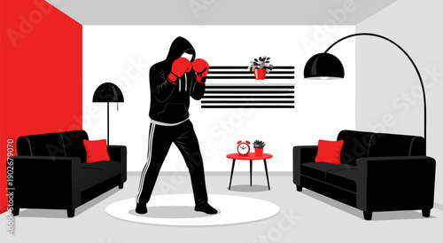Vector illustration of a man boxing indoors in a modern living room with red and black furniture