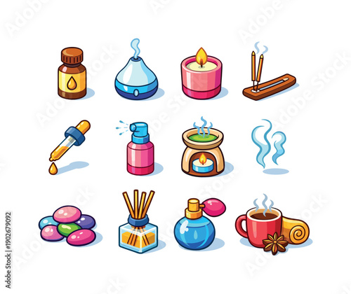 Home scenting. Colorful isometric vector icons set of home scenting: essential oil bottle, aroma diffuser, scented candle, incense sticks,