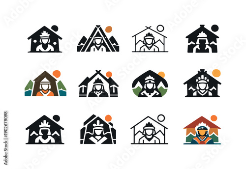 Cultural tourism in isolated communities. Icon set. Set Logo of Cultural tourism in isolated communities: indigenous people symbol.