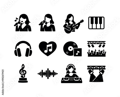 Female Musicians Icon Set. Female Musicians. Solid icon set of Female Musicians: singer icon, woman with mic, guitar player, piano keys, studio headphones,