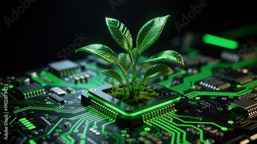 A glowing plant sprouting from a circuit board, symbolizing the fusion of nature and technology, expressing innovation and growth.