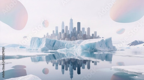Futuristic cityscape emerging from an icy landscape, surrounded by ethereal floating orbs, evoking a sense of wonder and mystery.