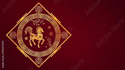 Celebrate the Vibrant Spirit of the Year of the Horse with this Looping Video, Featuring Exquisite Gold Artwork Set Against a Rich Red Background for Chinese New Year Festivities