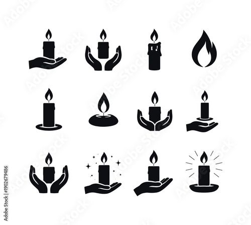 Candle Holding Icons. Holding a Candle. Solid icon set of Holding a Candle: hand holding candle, lit candle flame, dripping wax, cupped hands light, vigil