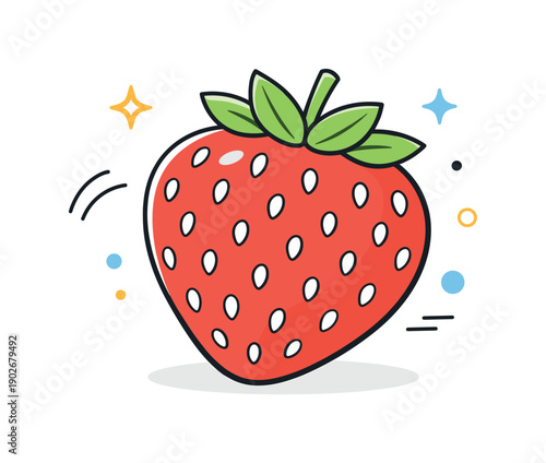 Strawberries close up. A single strawberry shown large in frame, with seeds and leaves simplified into clean shapes. The illustration conveys