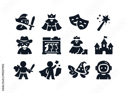 Imaginative Play Icons. Imaginative play. Solid icon set of imaginative play: roleplay outfit, storytelling dress-up, theatrical costume, magic wand icon,