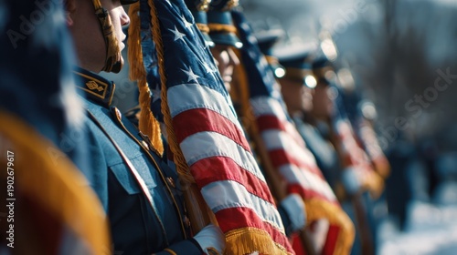 Close-up of military honor guard holding flags at Presidentsa?? Day ceremony, sharp focus, 8k, realistic, full ultra HD, high resolution, cinematic photography