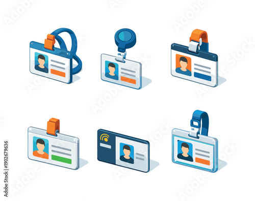Employee ID. Isometric flat vector icons set of employee ID: staff badge card, corporate ID pass, office access badge, name badge holder