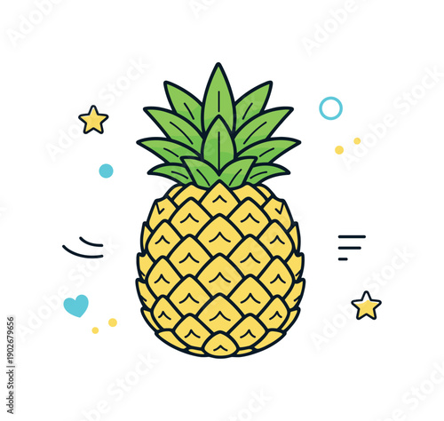 Pineapple flat lay. Whole pineapple viewed from above, centered on a clean background. Fresh tropical mood, focus on texture and shape.