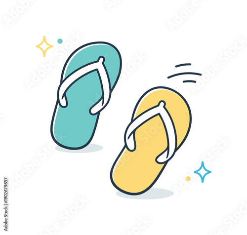Summer flip flops icon. Simplified flip flops arranged diagonally for gentle movement. Fresh vacation feeling, editorial clarity. Minimalist